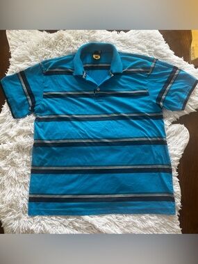 Leopard Stripe Polo Shirt Blue Black Short Sleeve Casual Mens L